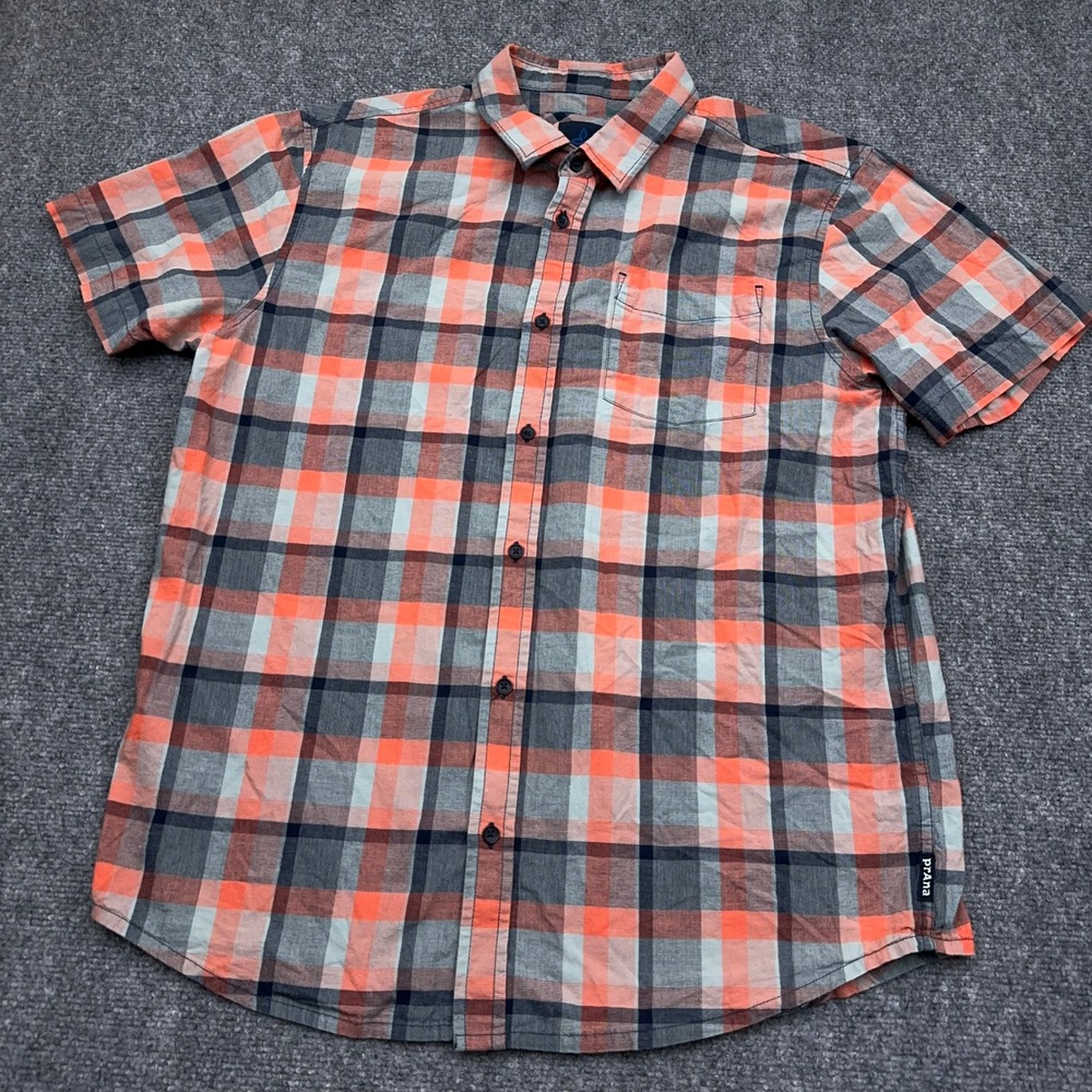 prAna Benton Short Sleeve Woven Shirt Men Large Orange Plaid 100% Organic Cotton